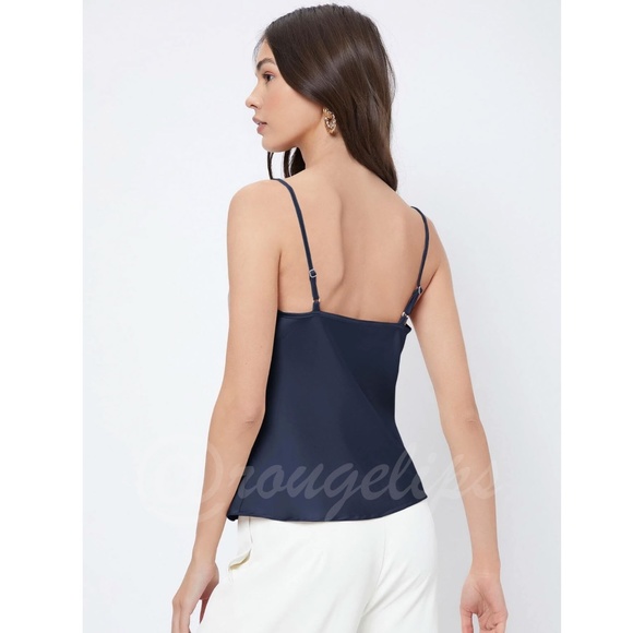 Navy Blue Glamorous Cowl Neck Spaghetti Straps Camisole Top Cami, Draped - Picture 4 of 9